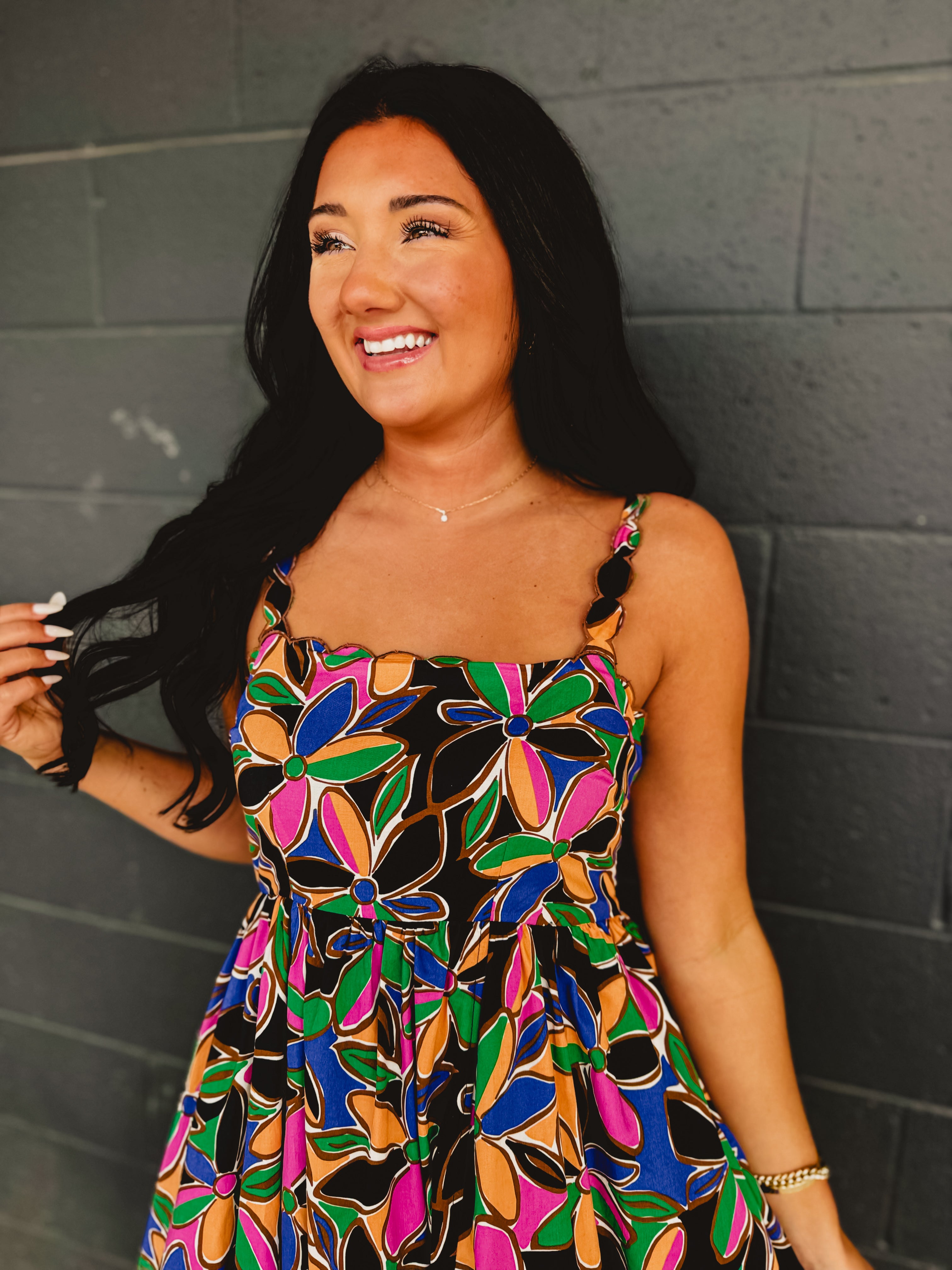 Floral Printed Scalloped Trim Maxi Dress - Multicolor - Lace and Grace Boutique
