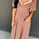 Flutter Sleeve Polka Dot Midi Dress - Latte