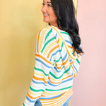 Drawstring Hooded V-Neck Sweater - Orange Multi - Lace and Grace Boutique
