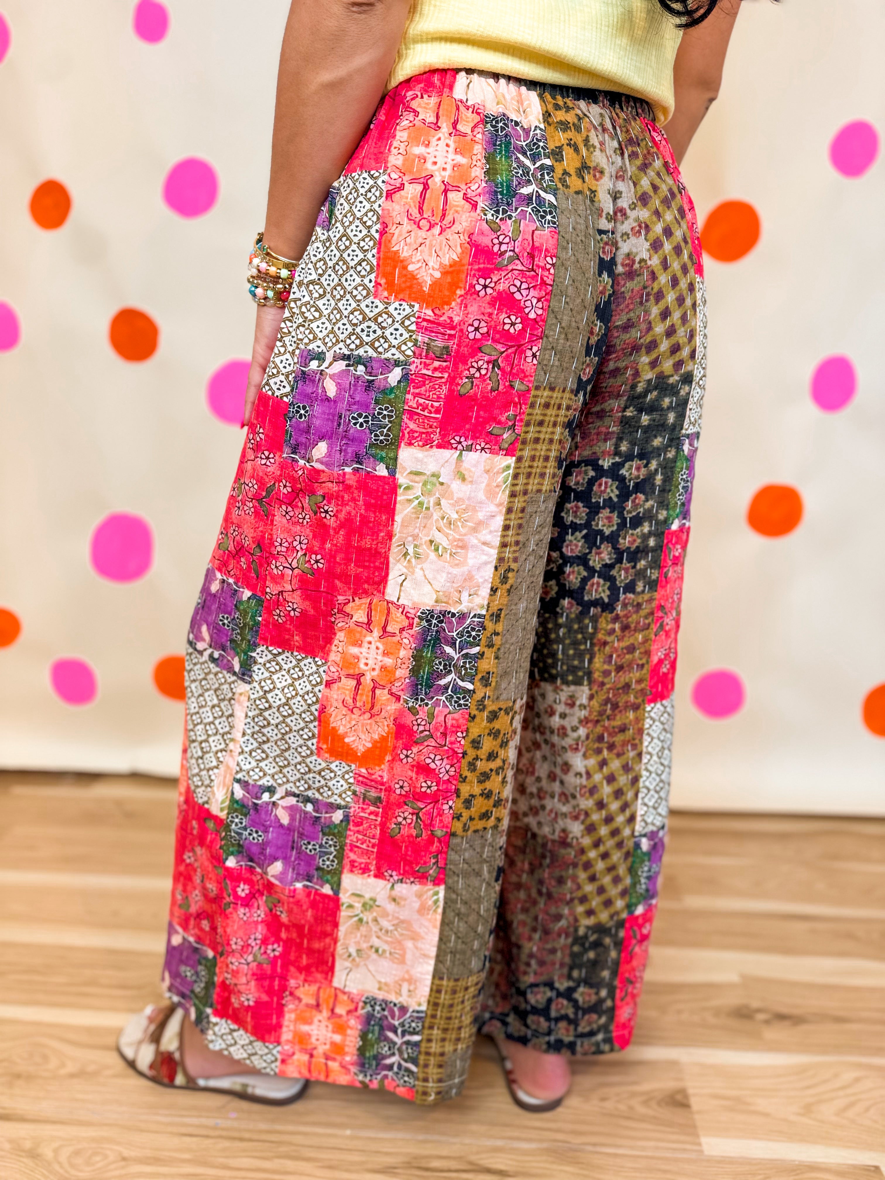 POL Multi Print Stitched Woven Pants - Taupe Pink Multi - Lace and Grace Boutique