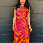 One Shoulder Asymmetrical Pleated Maxi Dress - Hibiscus Mango - Lace and Grace Boutique
