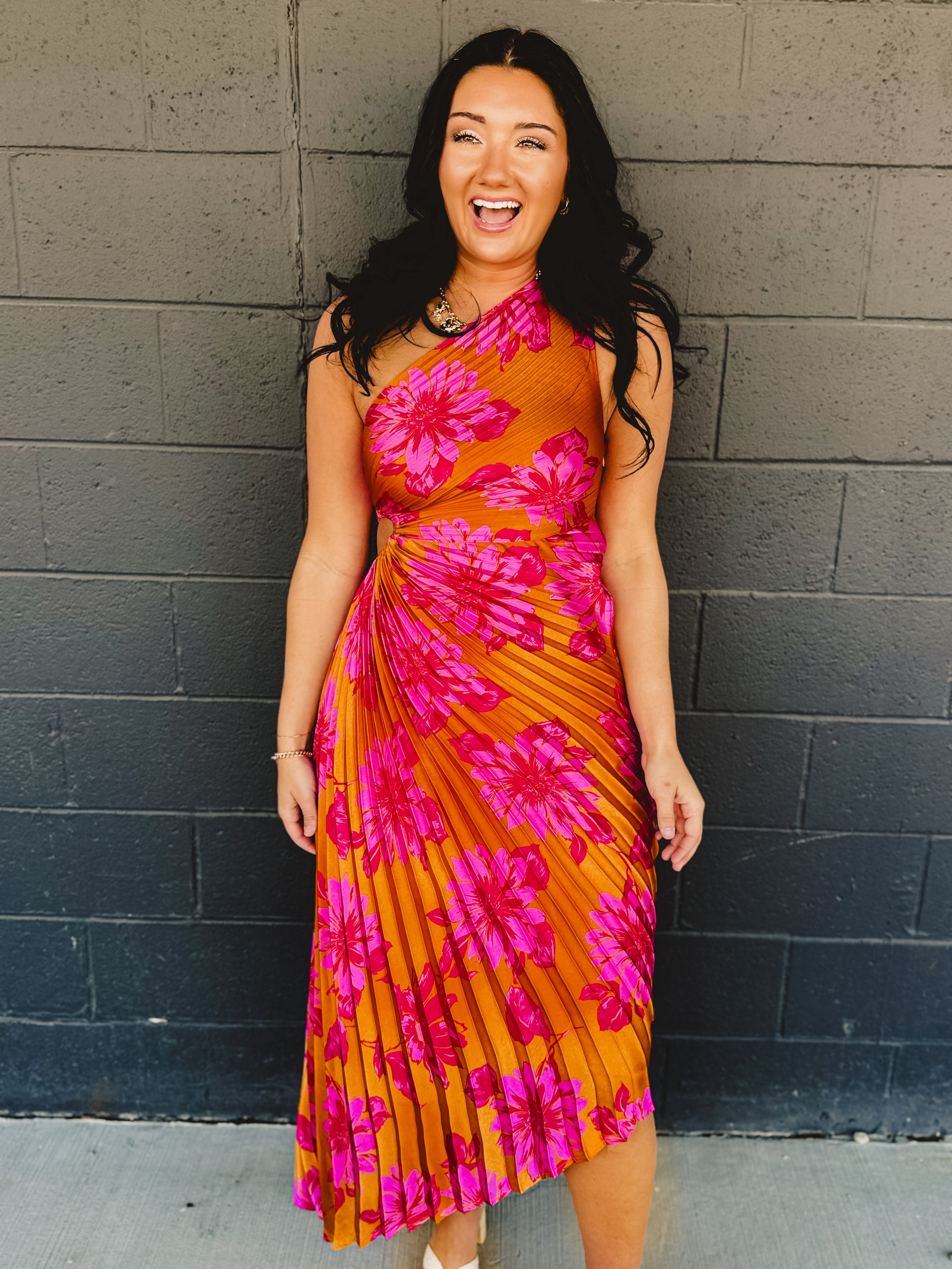 One Shoulder Asymmetrical Pleated Maxi Dress - Hibiscus Mango - Lace and Grace Boutique