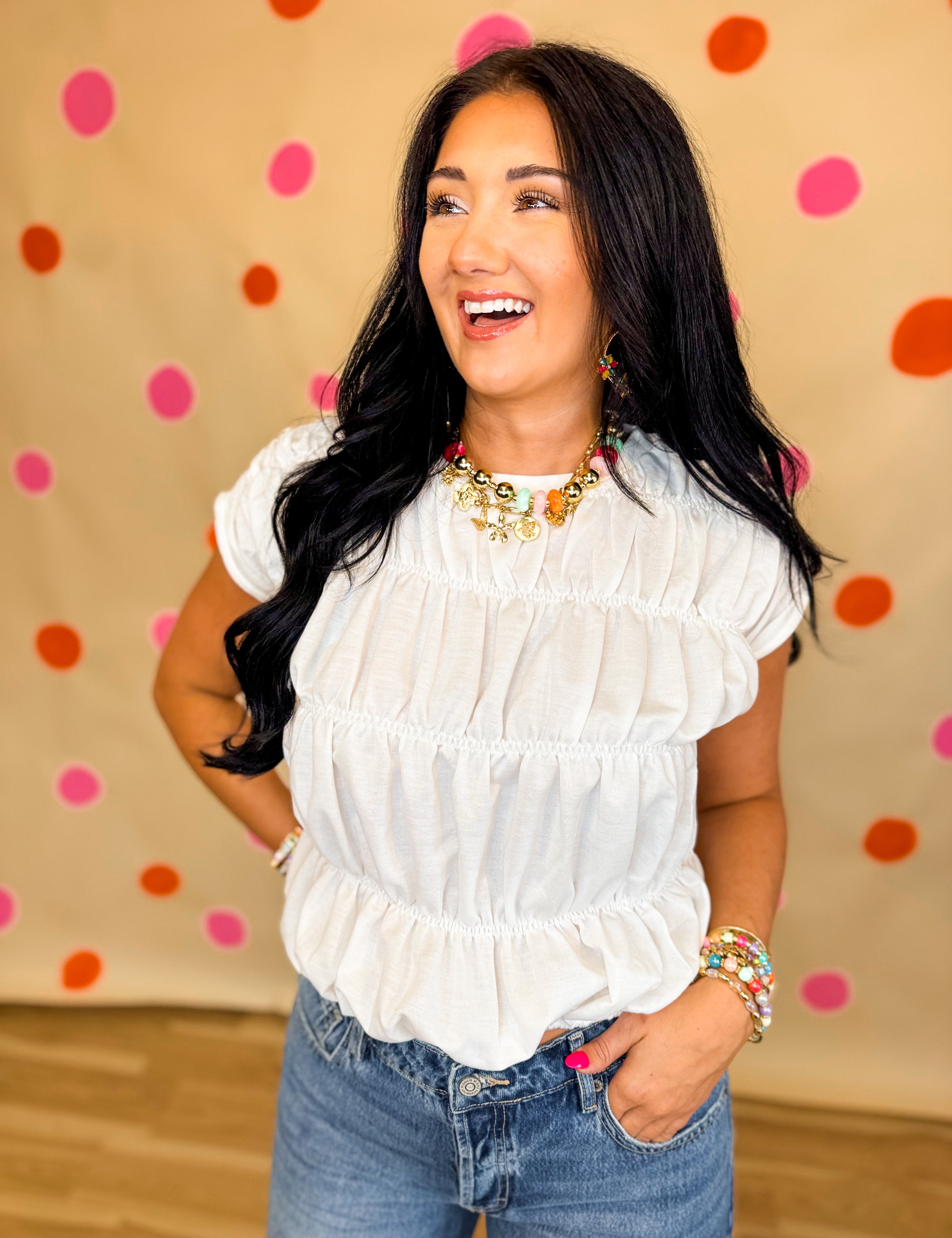 Smocked Bubble Hem Knit Top - Ivory - Lace and Grace Boutique