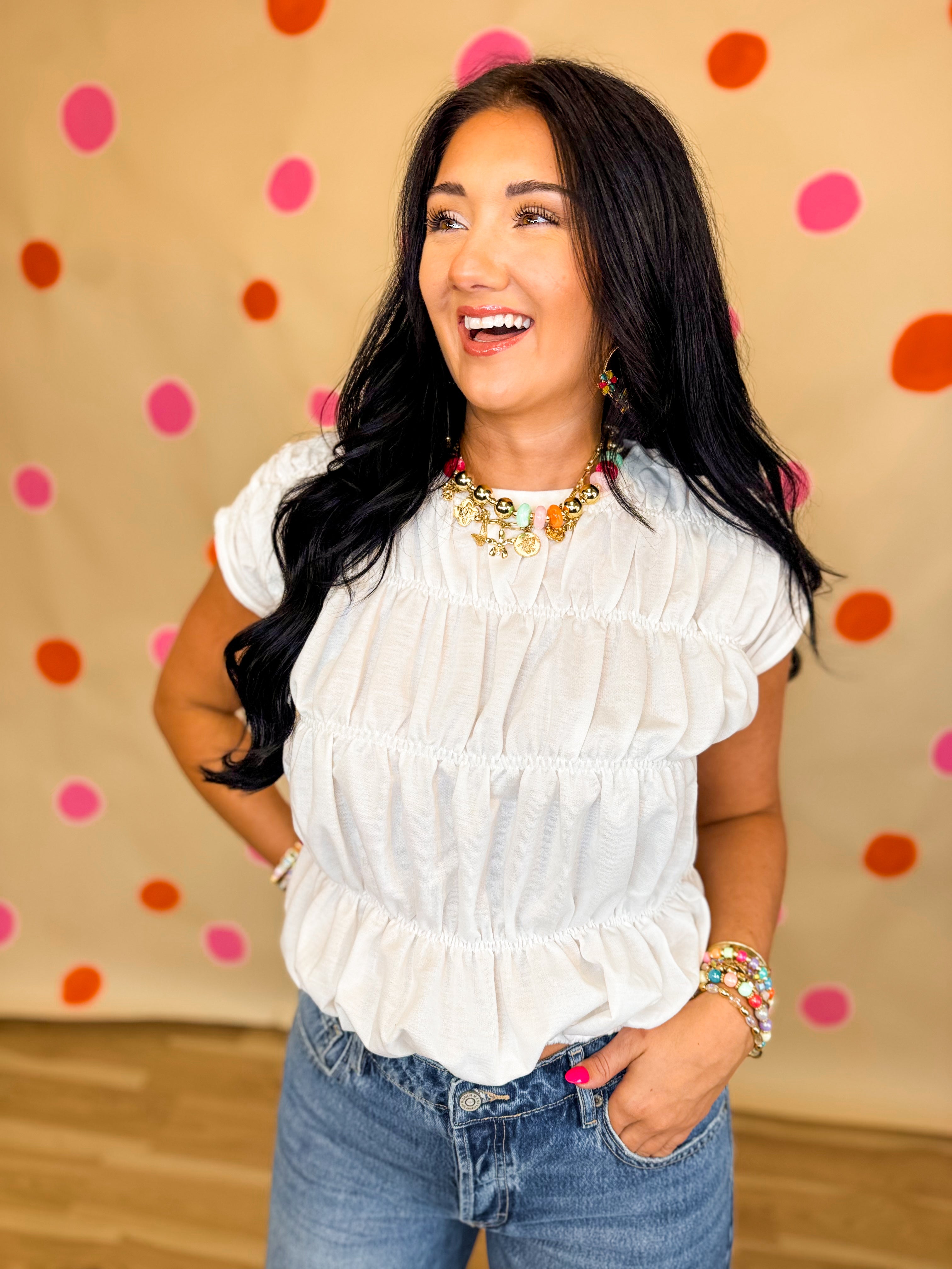 Smocked Bubble Hem Knit Top - Ivory - Lace and Grace Boutique