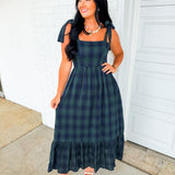 Plaid Shoulder Tie Cotton Maxi Dress - Green/Navy