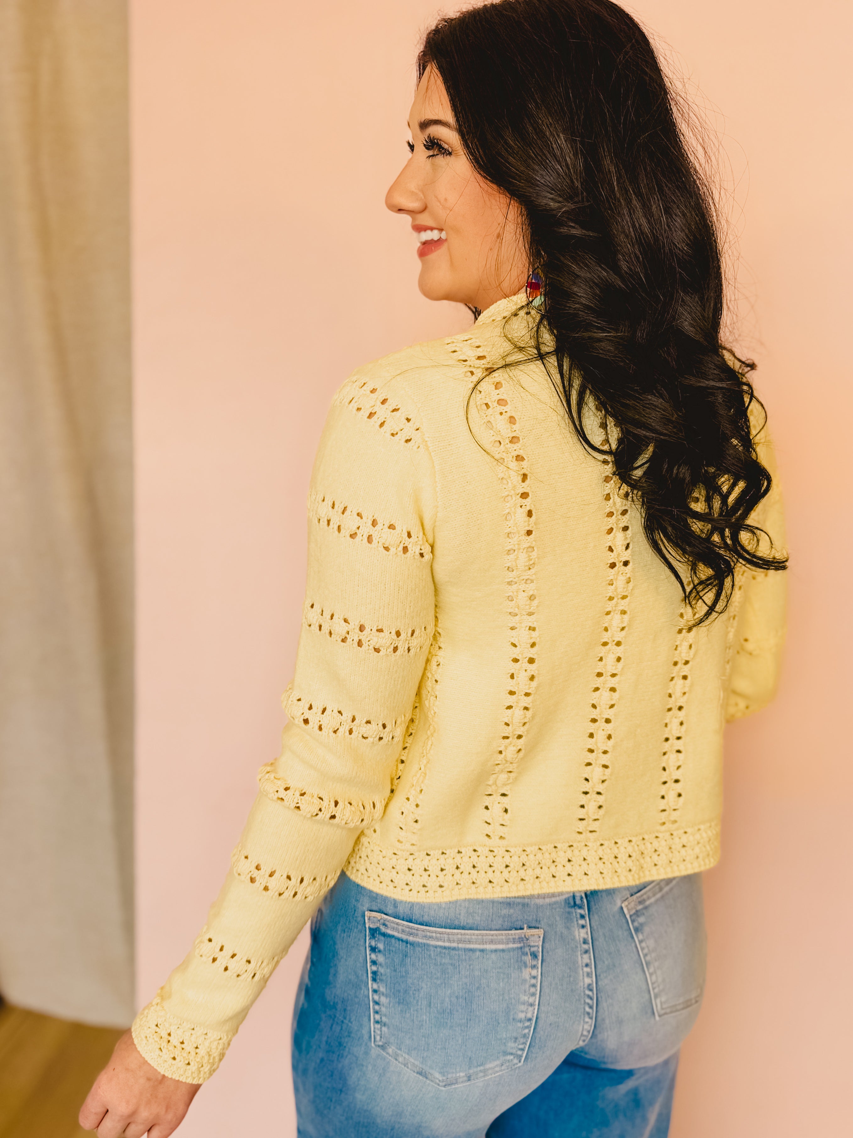 Front Tie Knit Detail Sweater Cardigan - Light Yellow - Lace and Grace Boutique