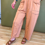 Mineral Wash Barrel Fit Utility Knit Pants - Camel - Lace and Grace Boutique