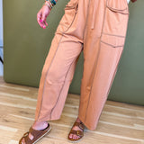 Mineral Wash Barrel Fit Utility Knit Pants - Camel - Lace and Grace Boutique