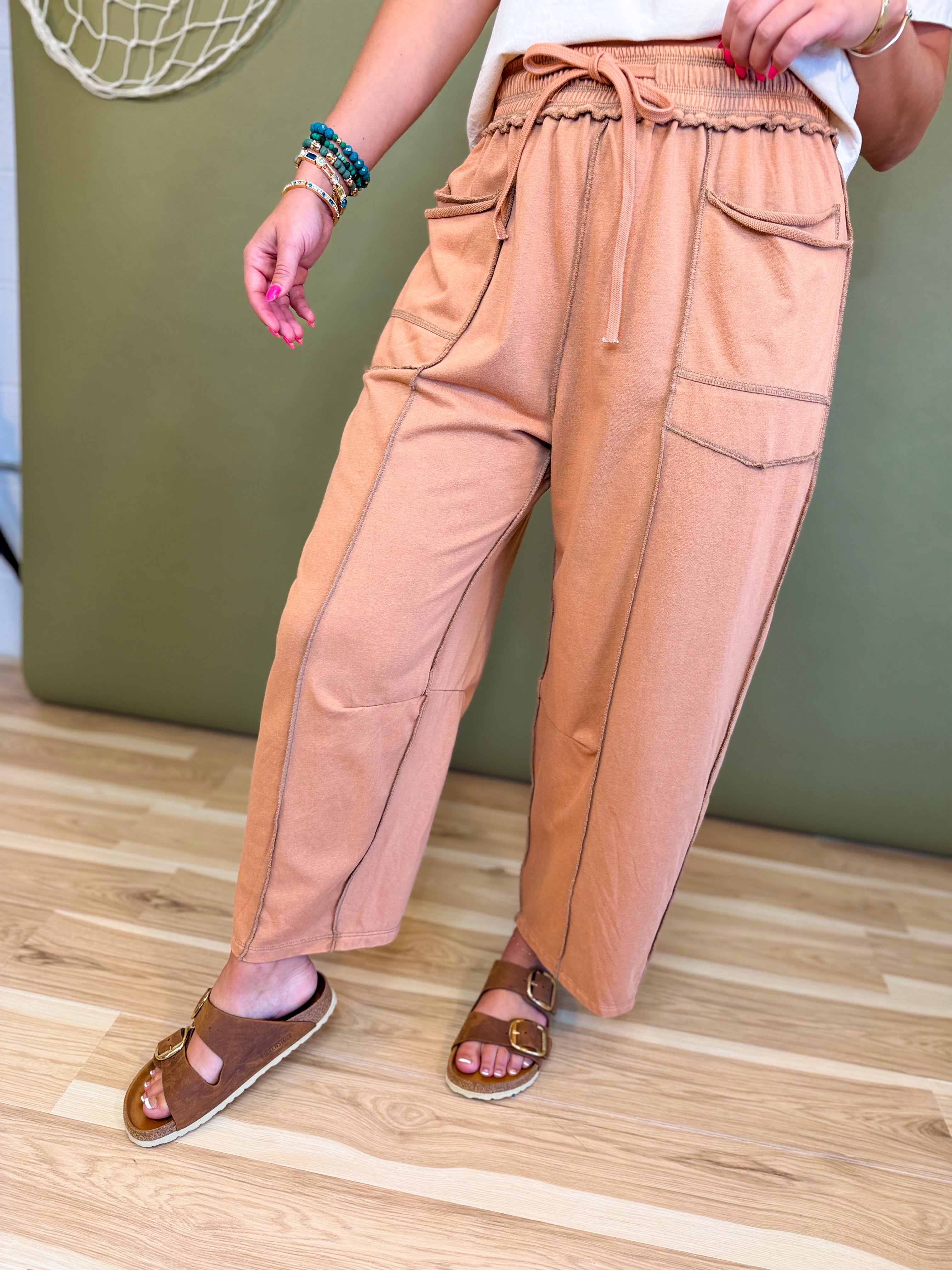 Mineral Wash Barrel Fit Utility Knit Pants - Camel - Lace and Grace Boutique