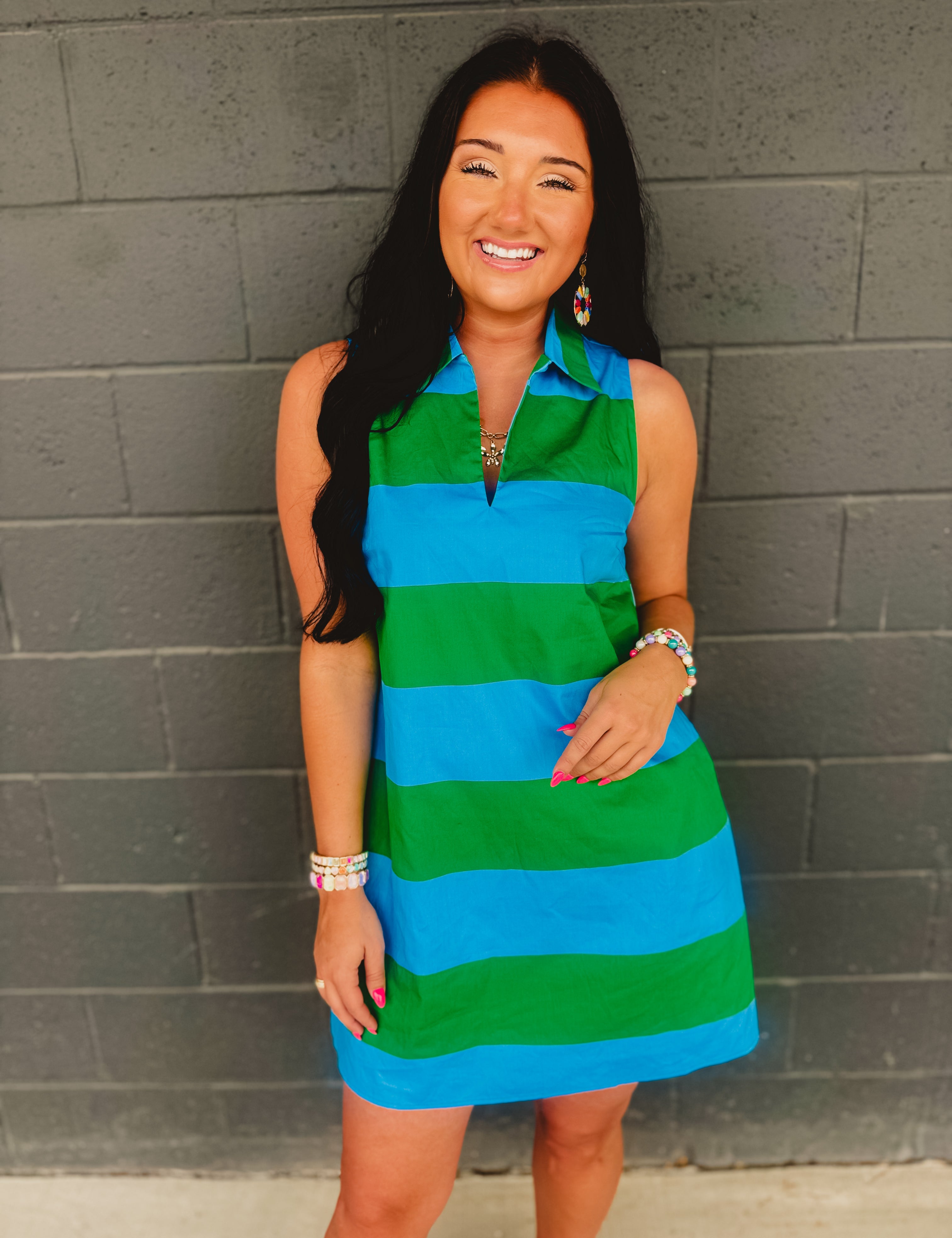 Striped Collared Shift Mini Dress - Blue Garden - Lace and Grace Boutique