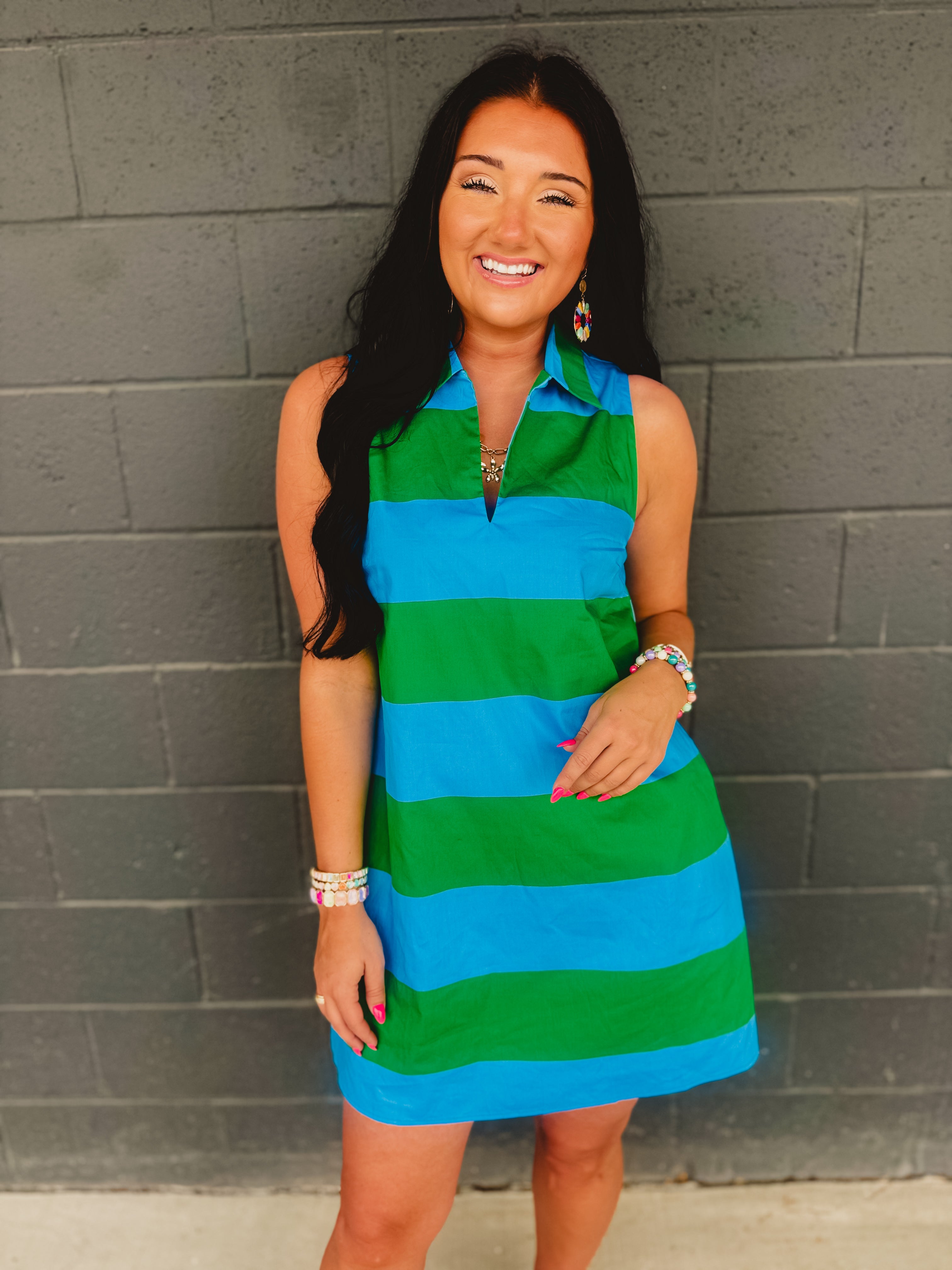 Striped Collared Shift Mini Dress - Blue Garden - Lace and Grace Boutique