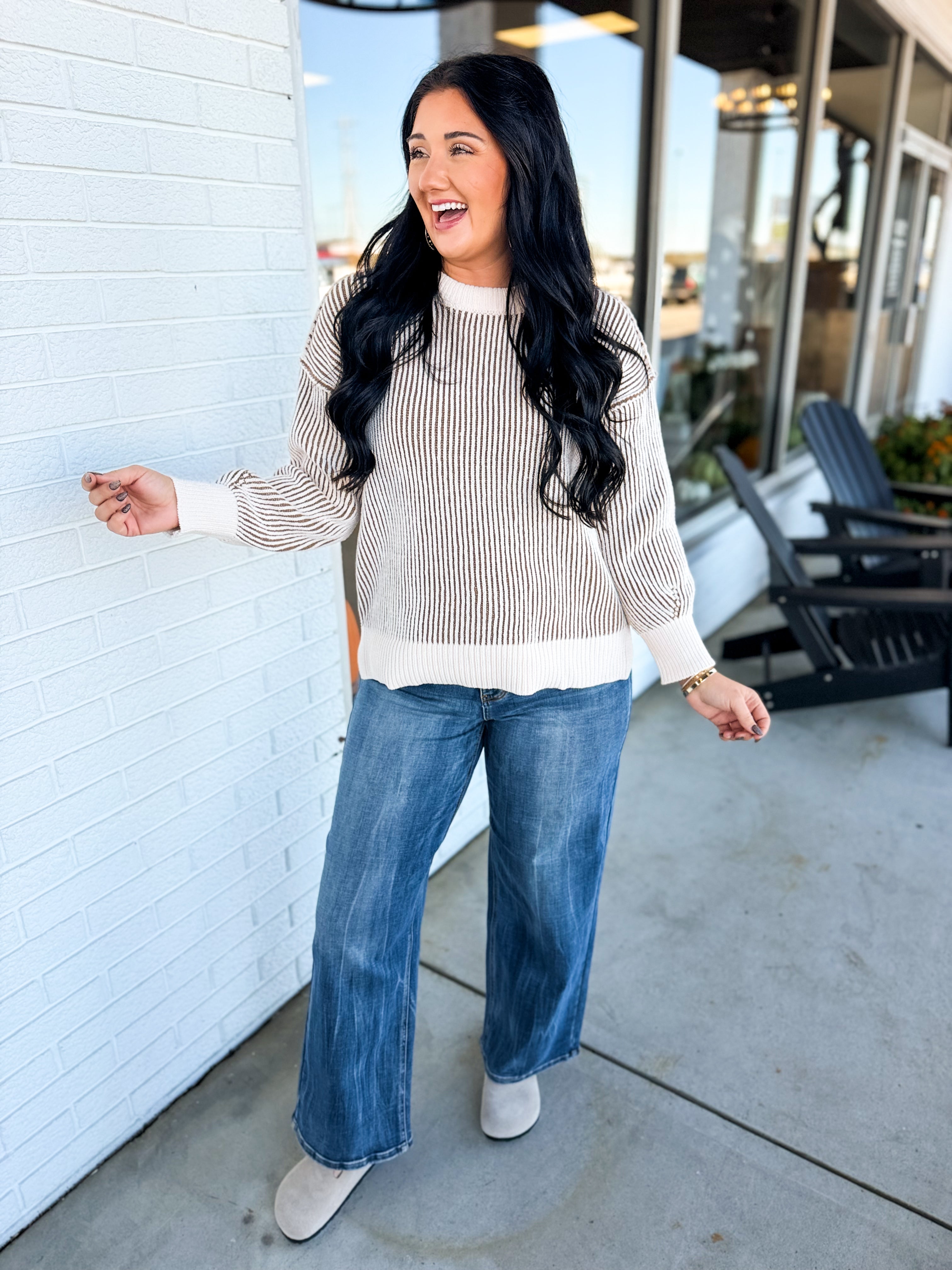 Ribbed Two-Tone Crewneck Sweater - Mocha - Lace and Grace Boutique