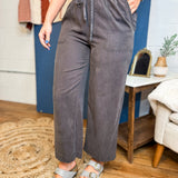 Tencel Drawstring Cropped Wide Leg Pants - Charcoal