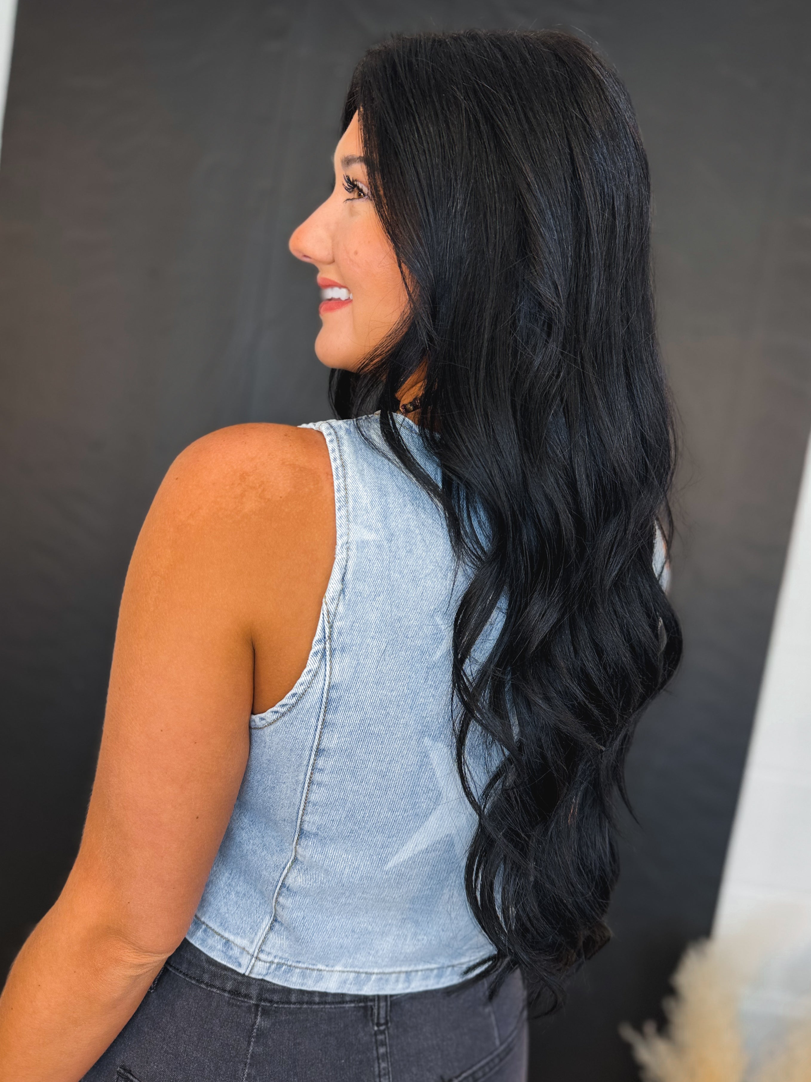 Star Printed Button Front Denim Vest - Denim Blue - Lace and Grace Boutique