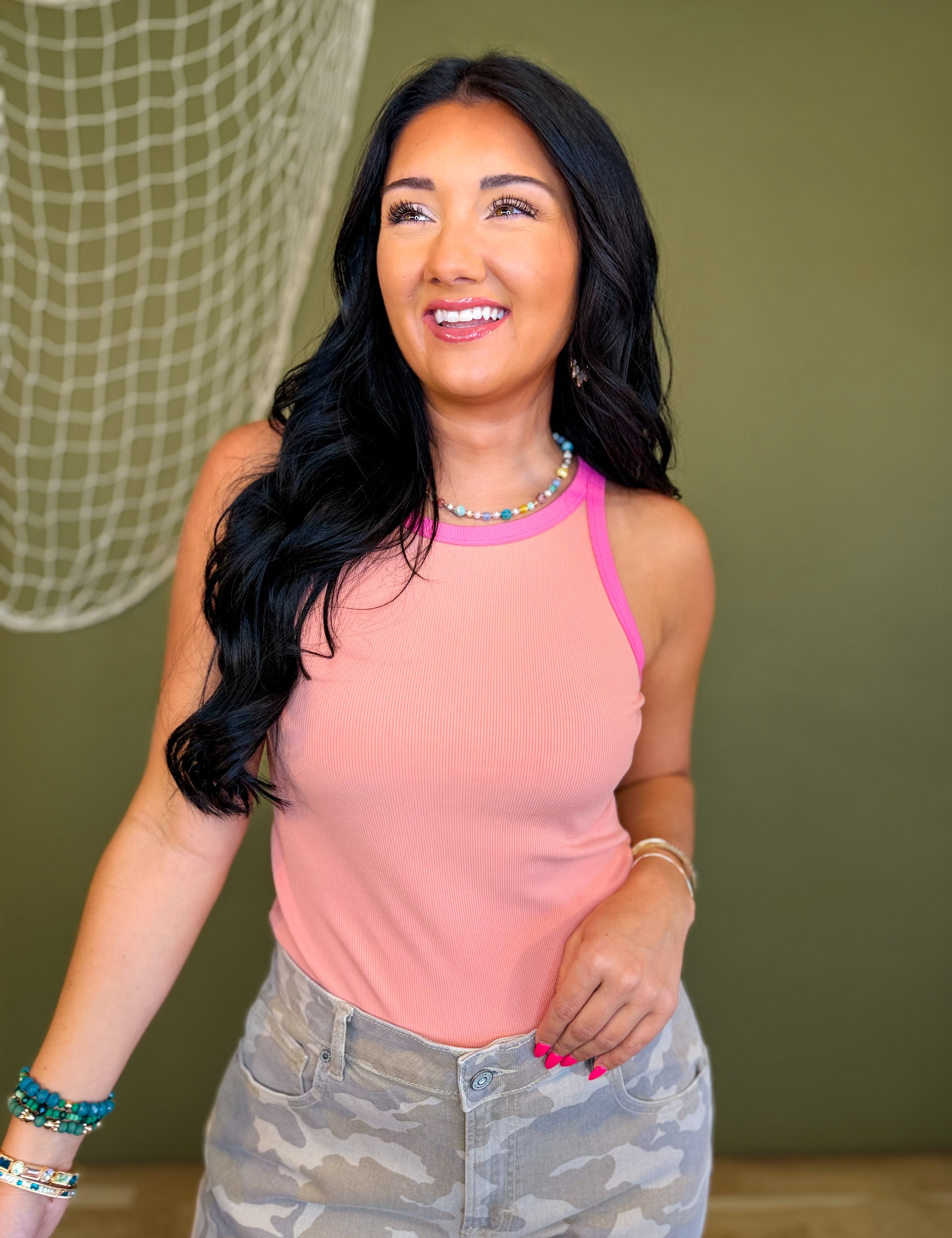 Contrast Trim Racerback Tank Top - Coral/Punch - Lace and Grace Boutique