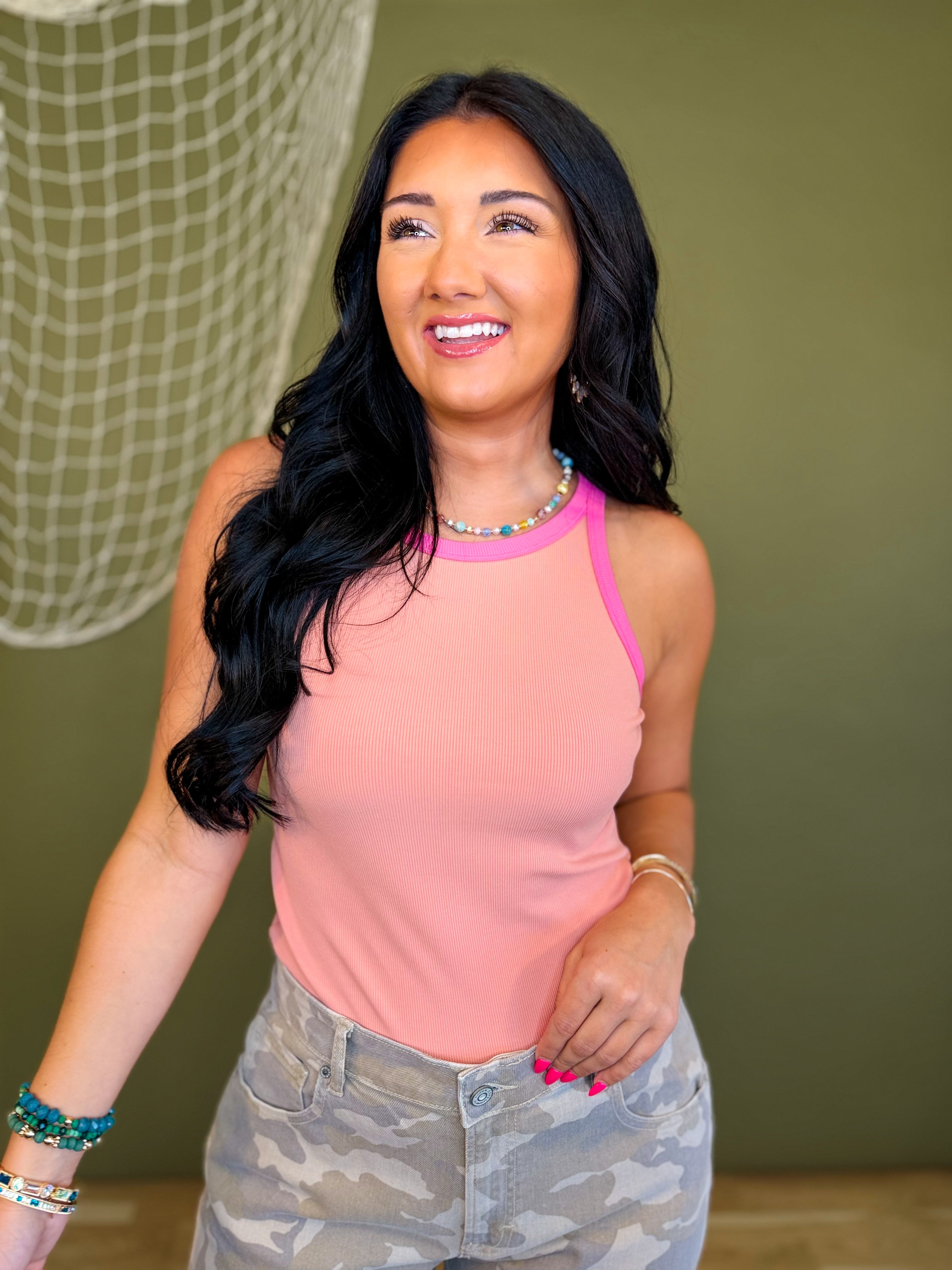 Contrast Trim Racerback Tank Top - Coral/Punch - Lace and Grace Boutique