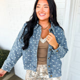 Polka Dot Button Front Oversized Denim Jacket