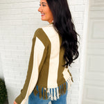 Color Block Striped Fringe Hem Knit Sweater - Olive/Ivory - Lace and Grace Boutique