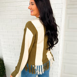 Color Block Striped Fringe Hem Knit Sweater - Olive/Ivory - Lace and Grace Boutique