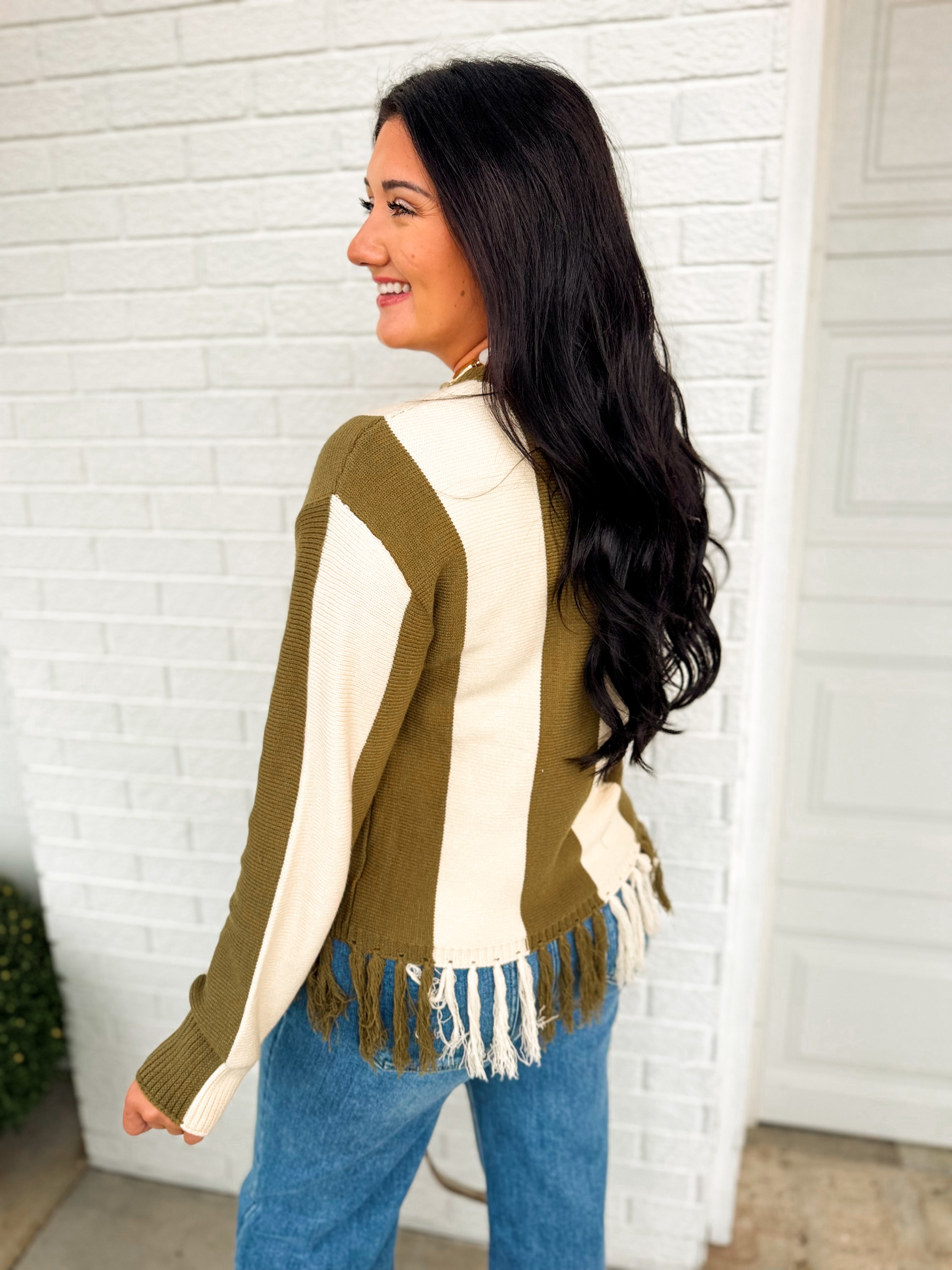 Color Block Striped Fringe Hem Knit Sweater - Olive/Ivory - Lace and Grace Boutique