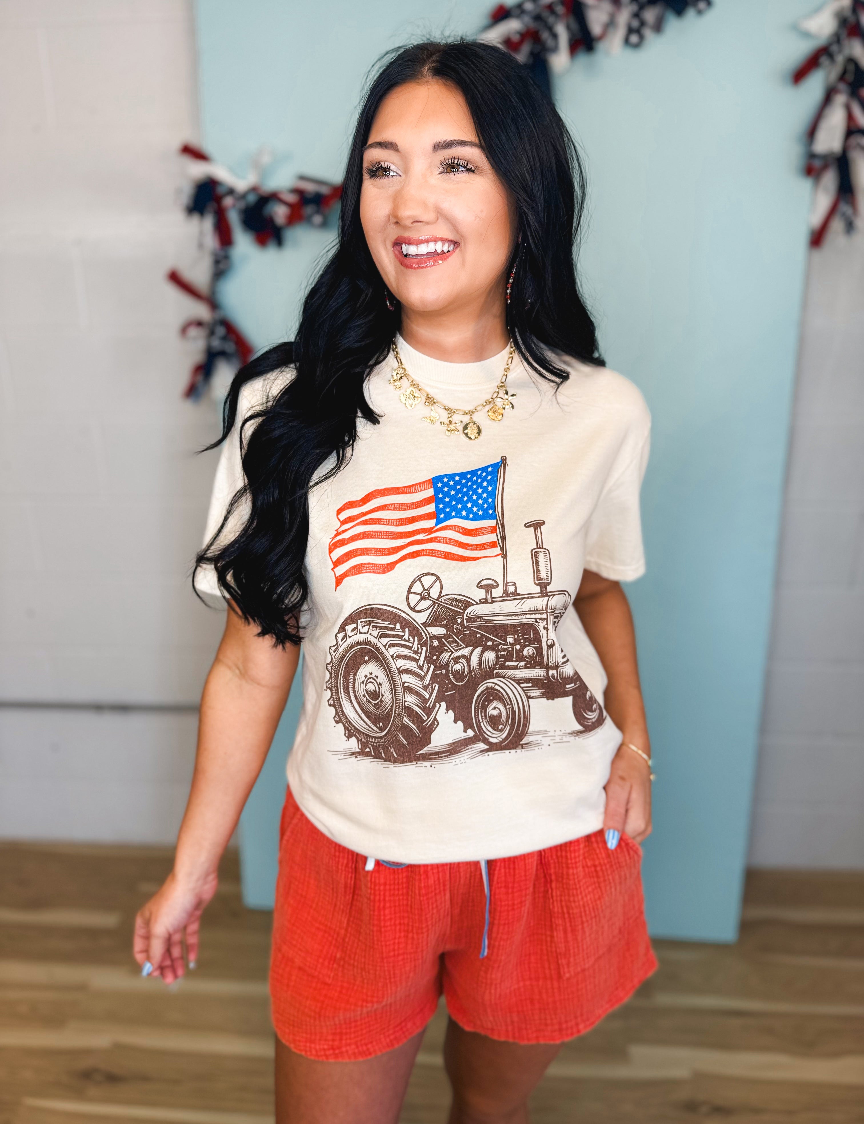 American Flag Tractor Graphic Tee - Ivory - Lace and Grace Boutique