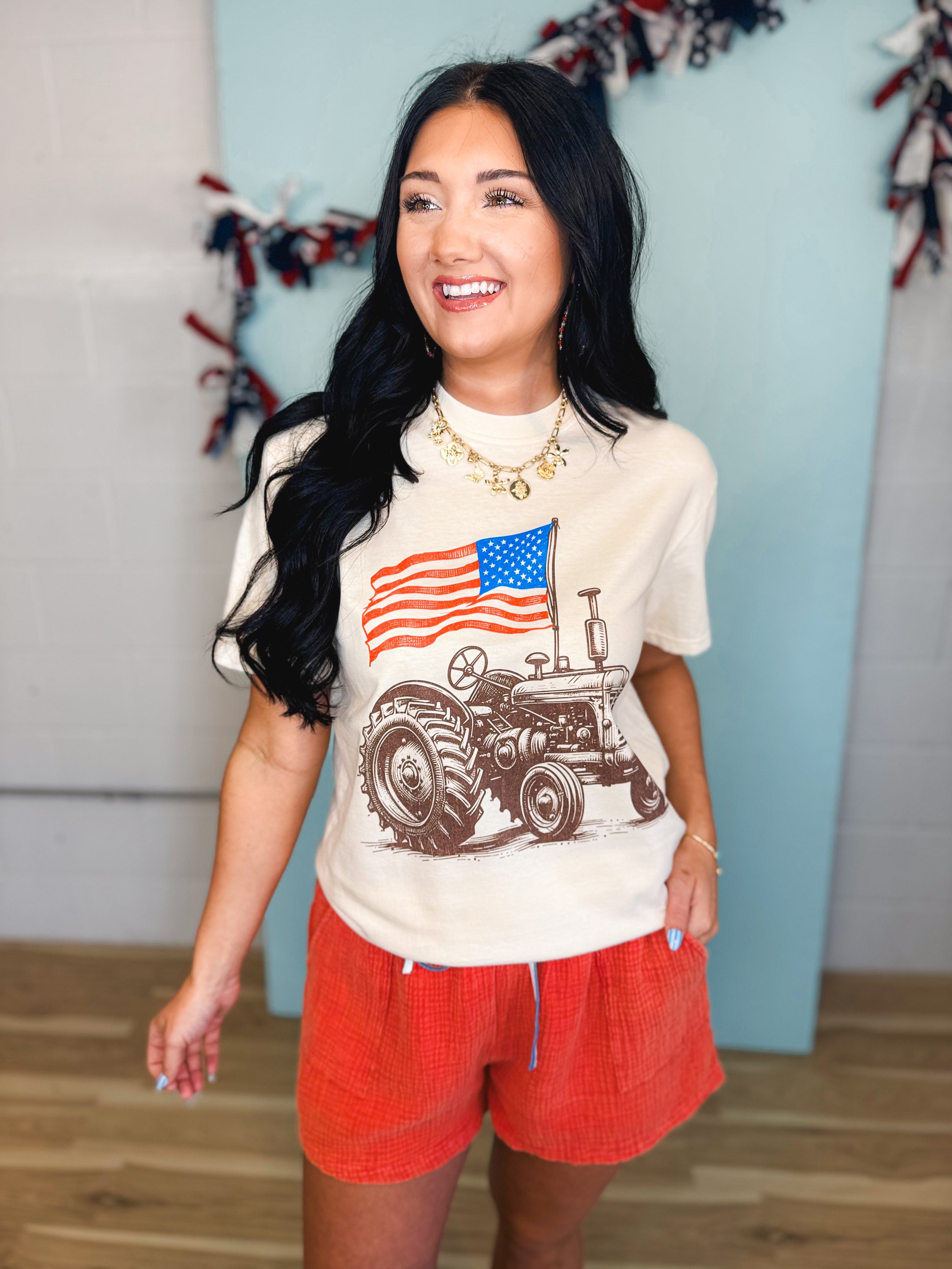 American Flag Tractor Graphic Tee - Ivory - Lace and Grace Boutique
