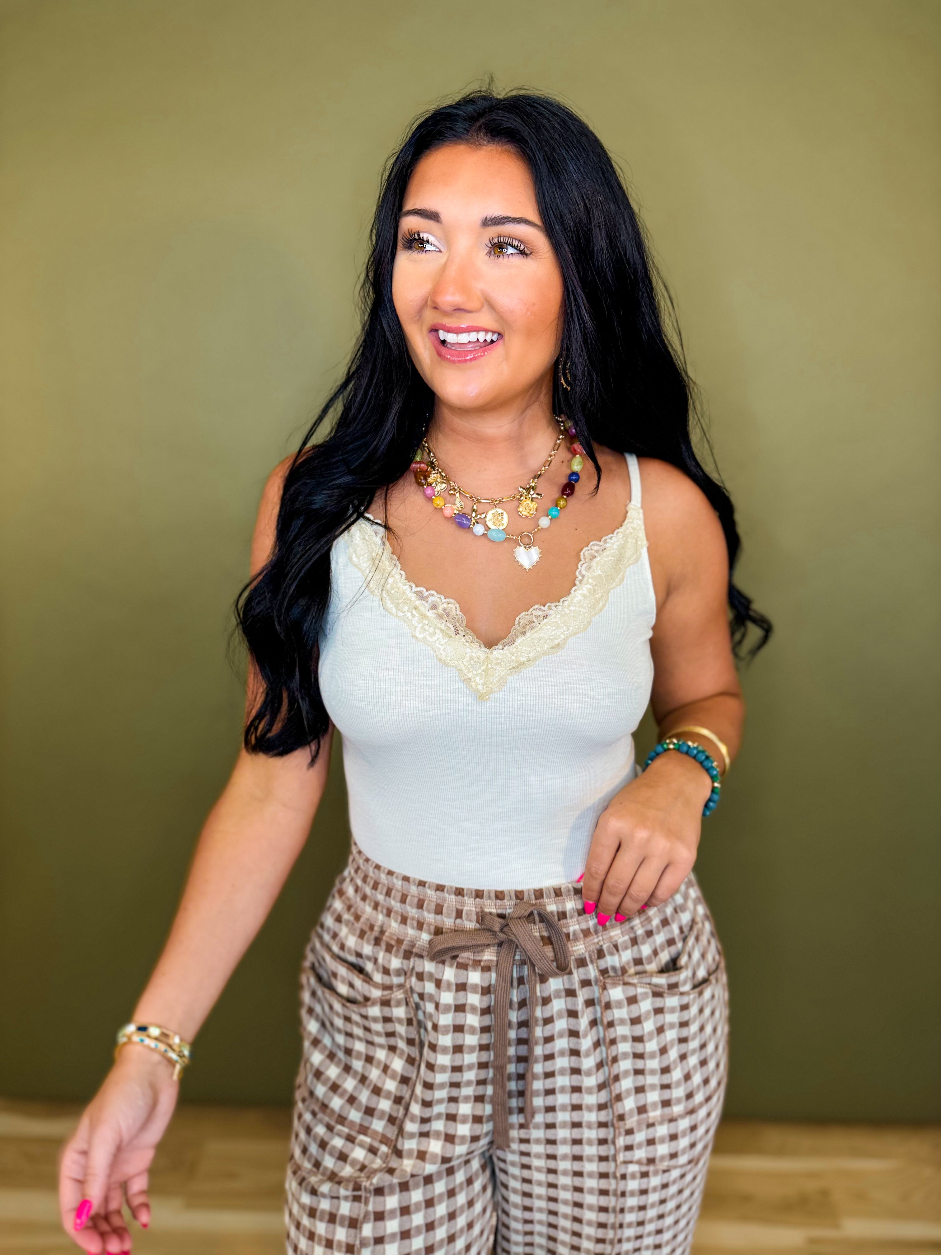 Lace Detail V-Neck Cami Tank Top - Cream - Lace and Grace Boutique