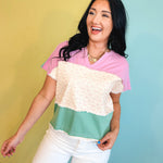 Mineral Washed Color Block Knit Pullover - Candy Pink/Sage - Lace and Grace Boutique