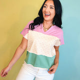 Mineral Washed Color Block Knit Pullover - Candy Pink/Sage - Lace and Grace Boutique