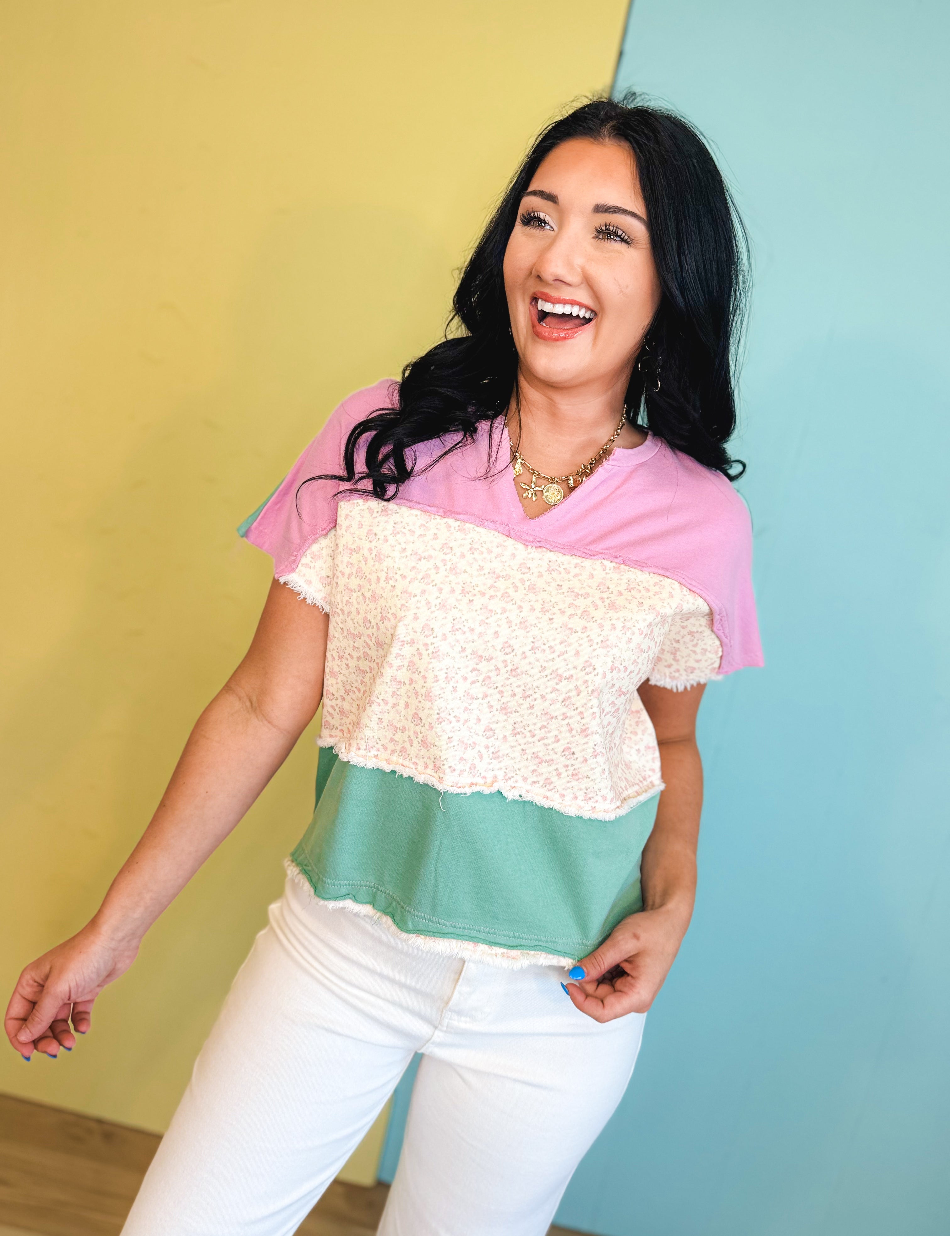 Mineral Washed Color Block Knit Pullover - Candy Pink/Sage - Lace and Grace Boutique