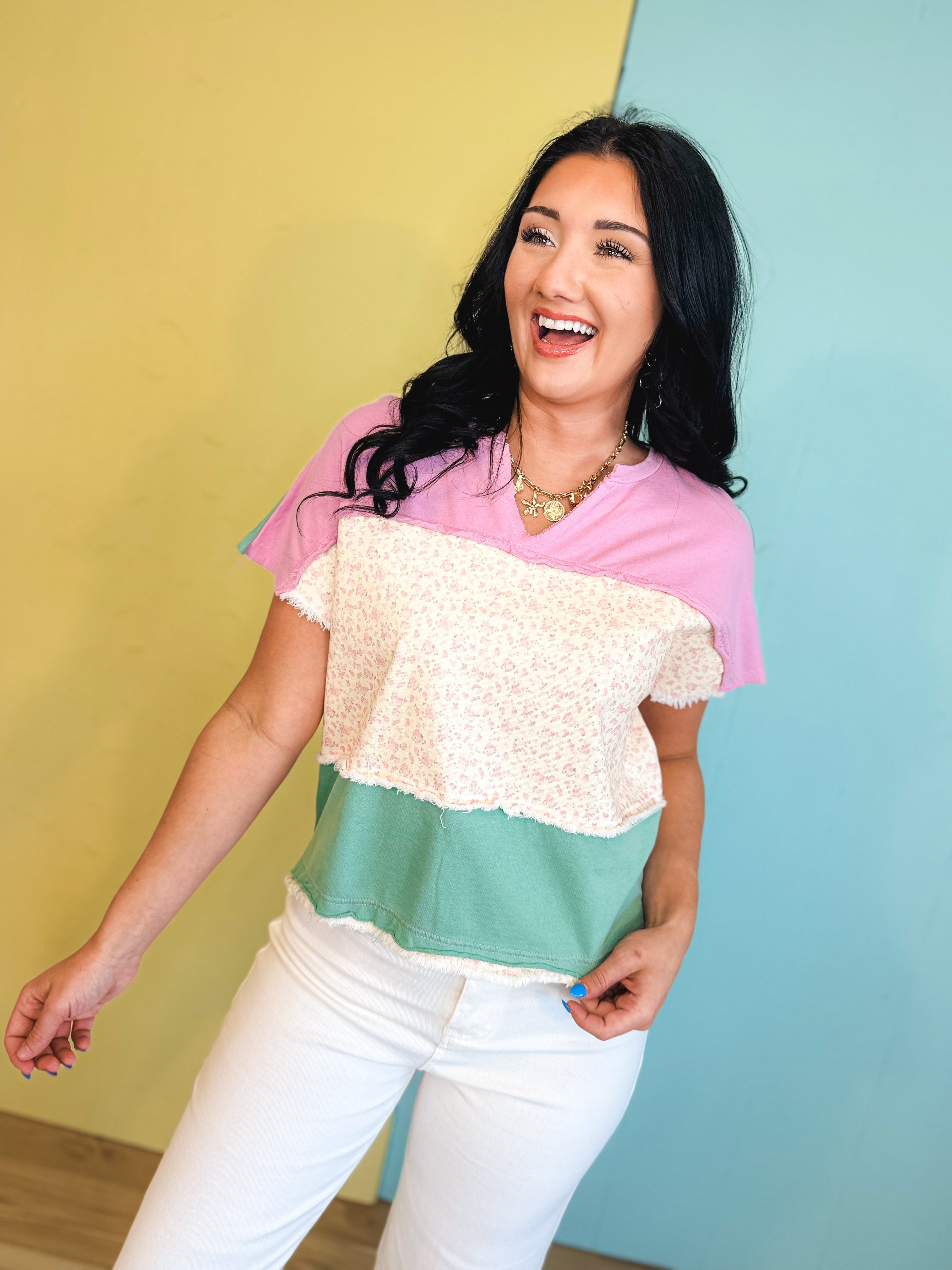 Mineral Washed Color Block Knit Pullover - Candy Pink/Sage - Lace and Grace Boutique