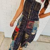 POL Boho Vintage Print Oversized Overalls - Black Multi - Lace and Grace Boutique