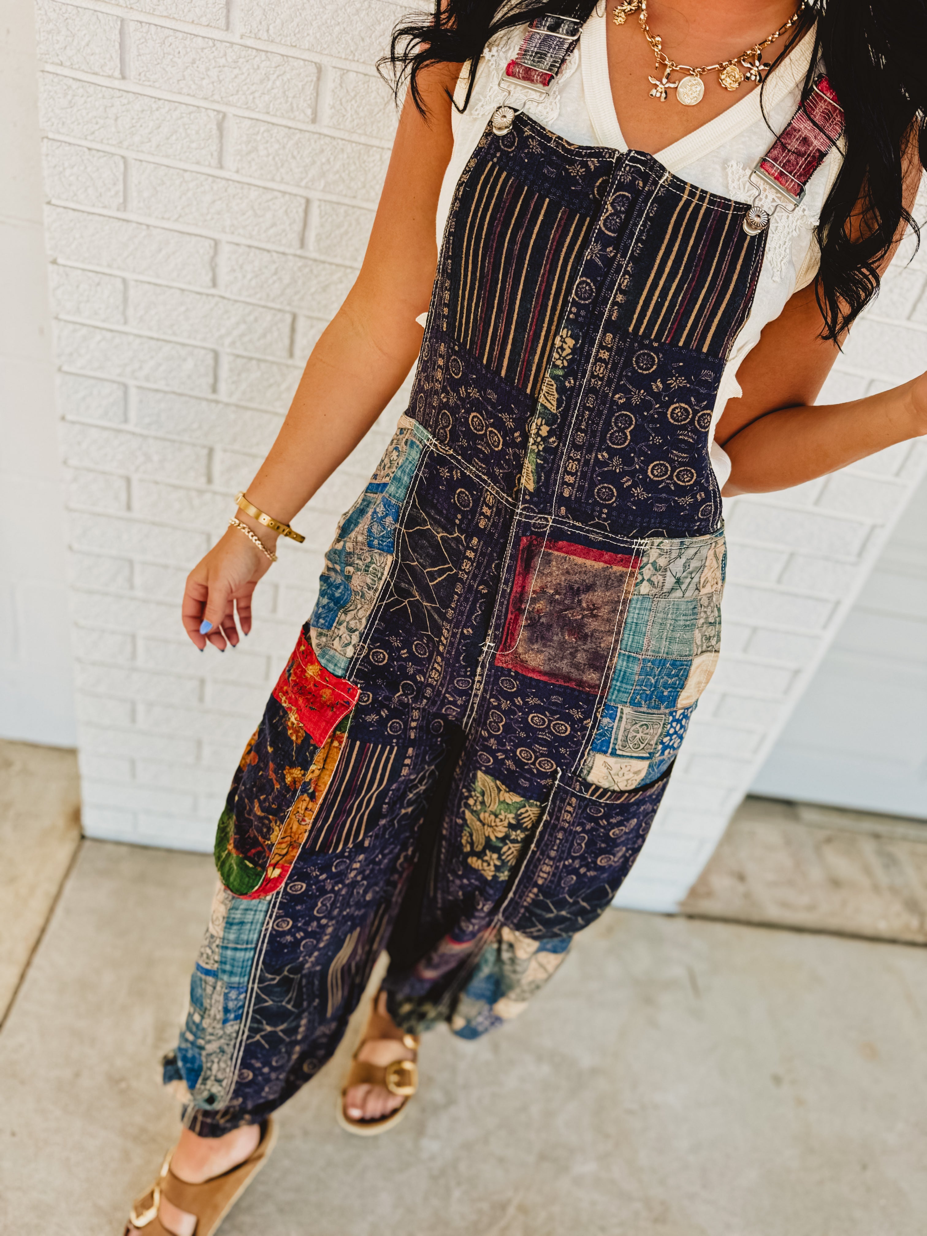 POL Boho Vintage Print Oversized Overalls - Black Multi - Lace and Grace Boutique