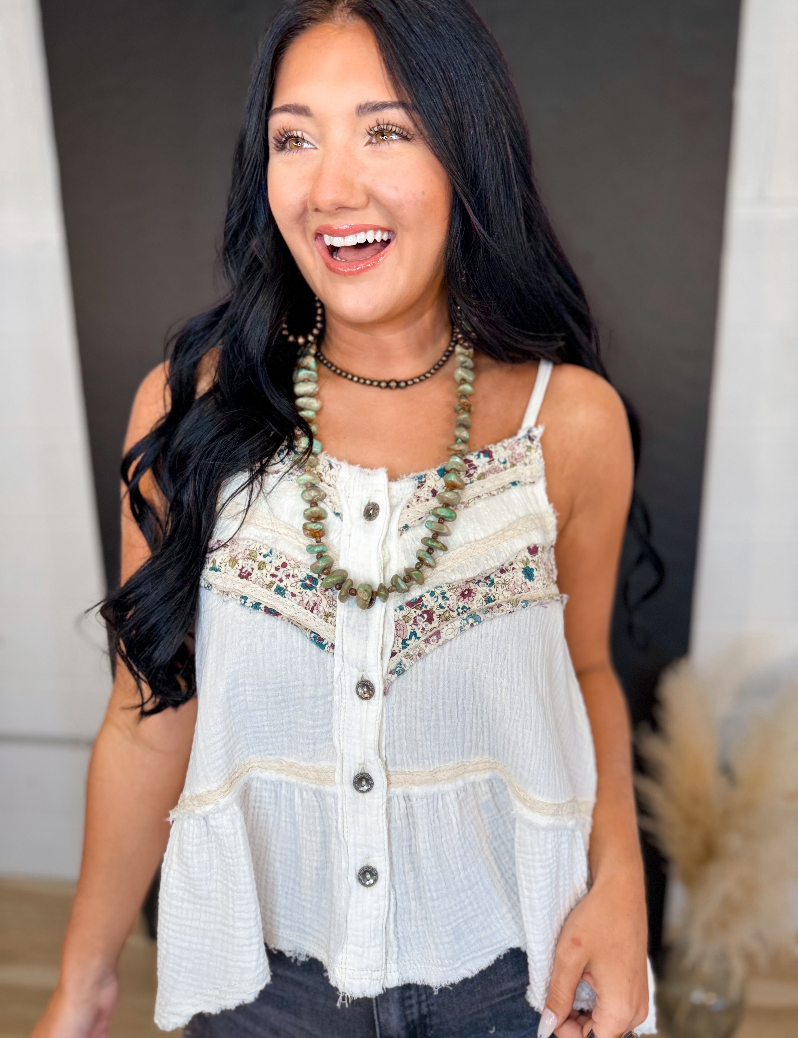 POL Floral Lace Patch Vintage Tank Top - Off White - Lace and Grace Boutique