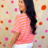 Striped Boxy V-Neck Knit Top - Pink/Coral