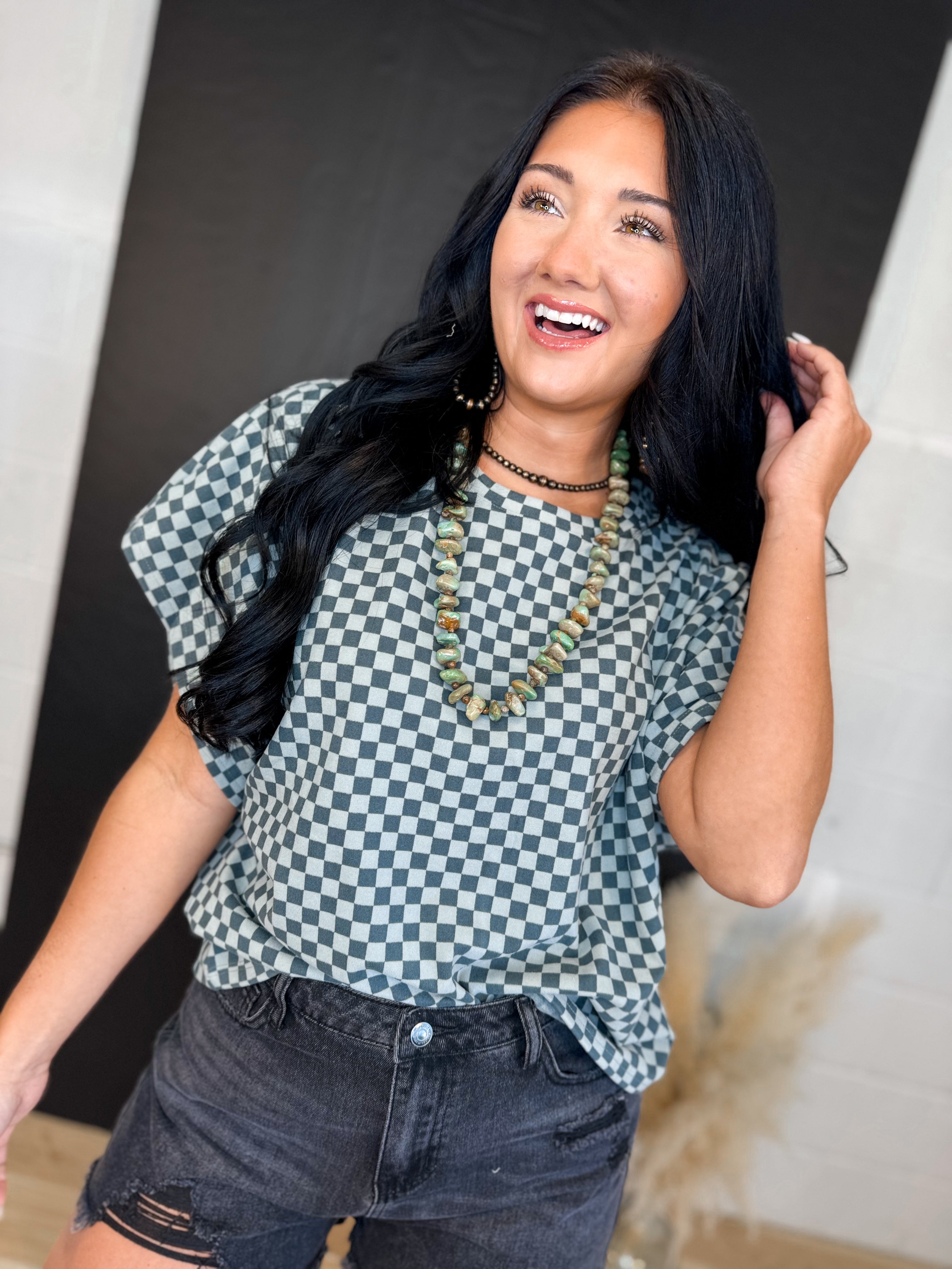 Checker Dolman Sleeve Knit Top - Dark Teal - Lace and Grace Boutique