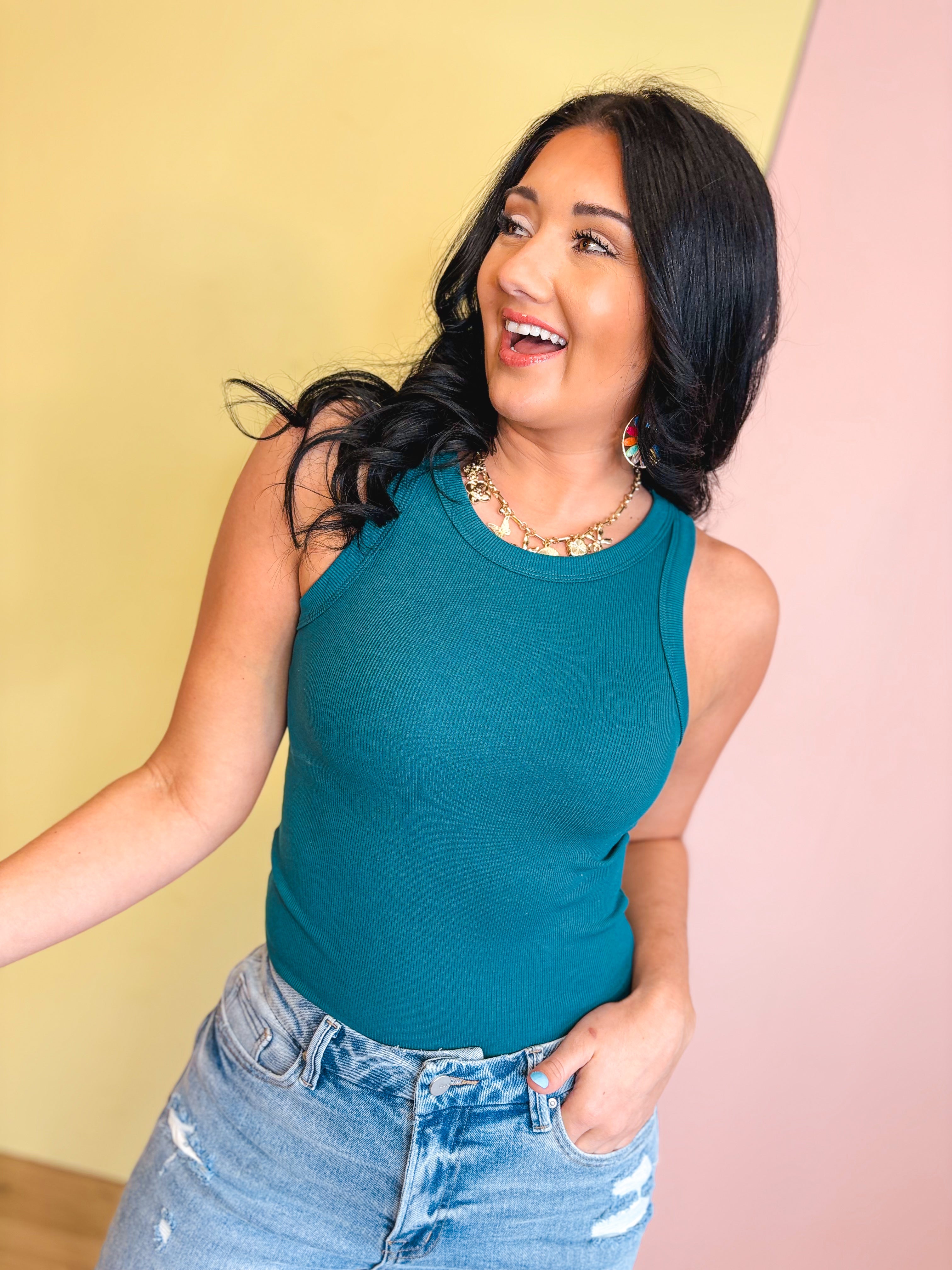 Crewneck Ribbed Tank Top - Teal - Lace and Grace Boutique