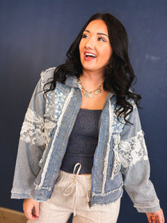 POL Textured Woven Lace Patchwork Jacket - Striped Denim - Lace and Grace Boutique