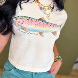 Rainbow Trout Cropped Graphic Tee - Ivory - Lace and Grace Boutique