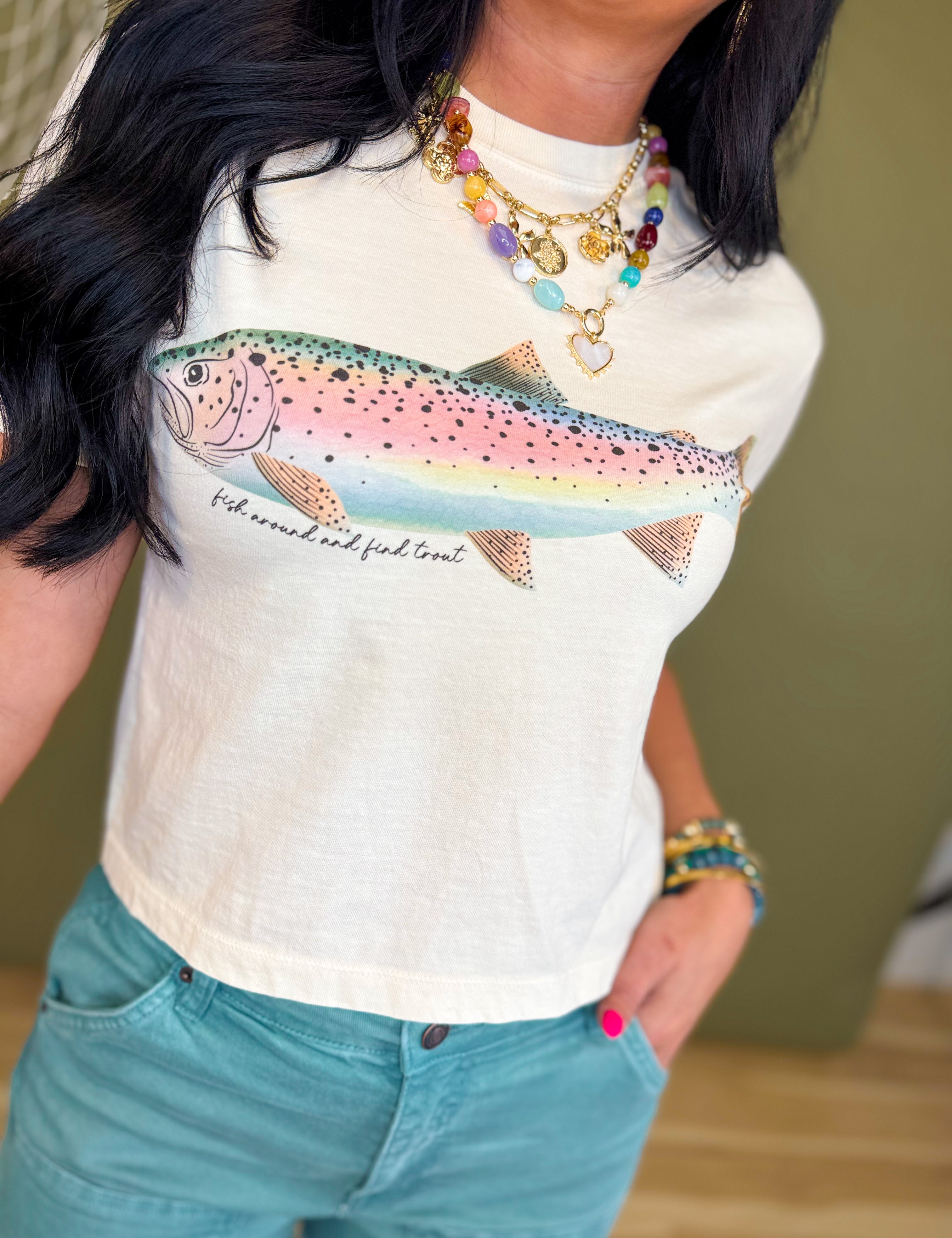 Rainbow Trout Cropped Graphic Tee - Ivory - Lace and Grace Boutique