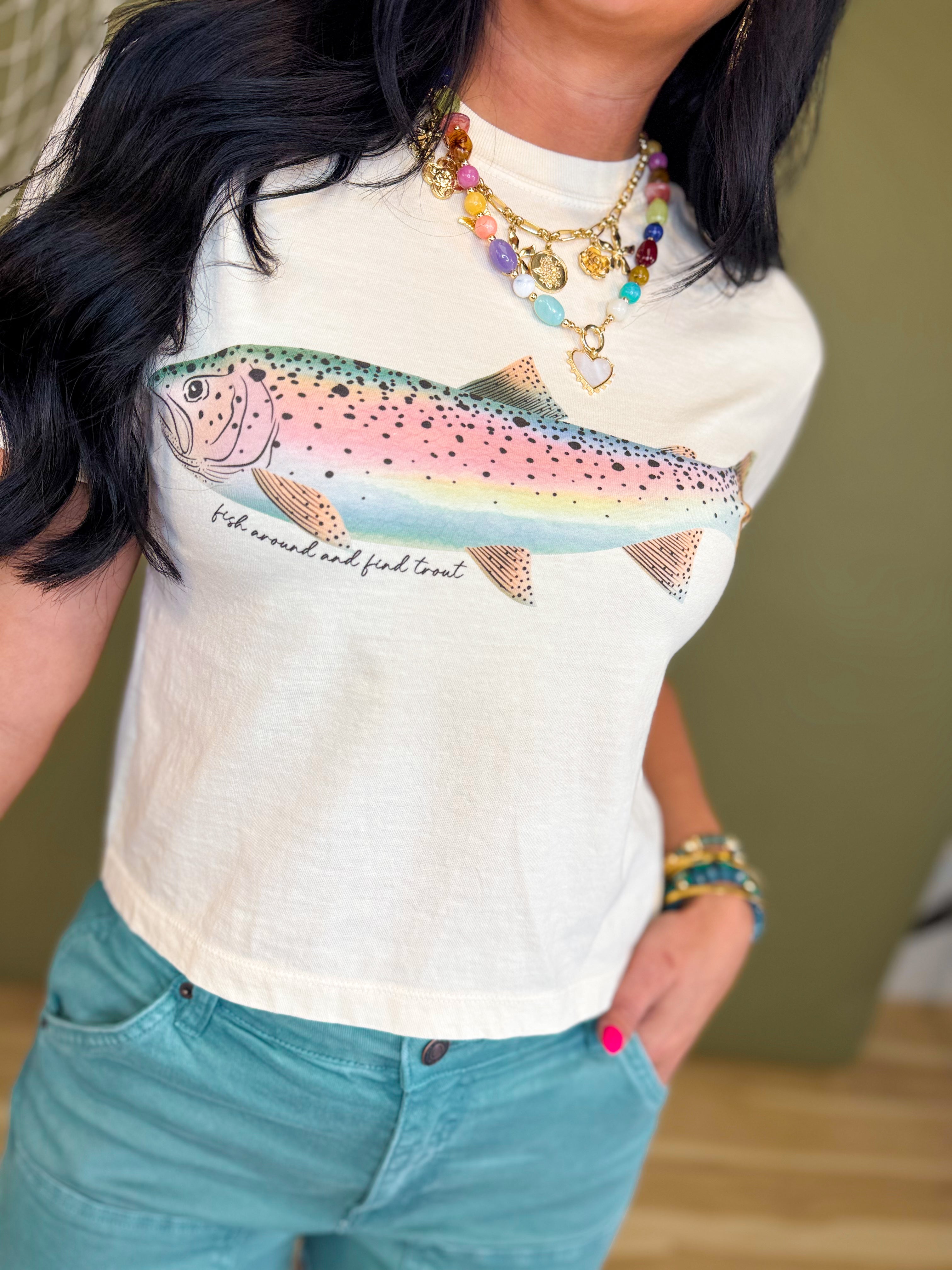 Rainbow Trout Cropped Graphic Tee - Ivory - Lace and Grace Boutique