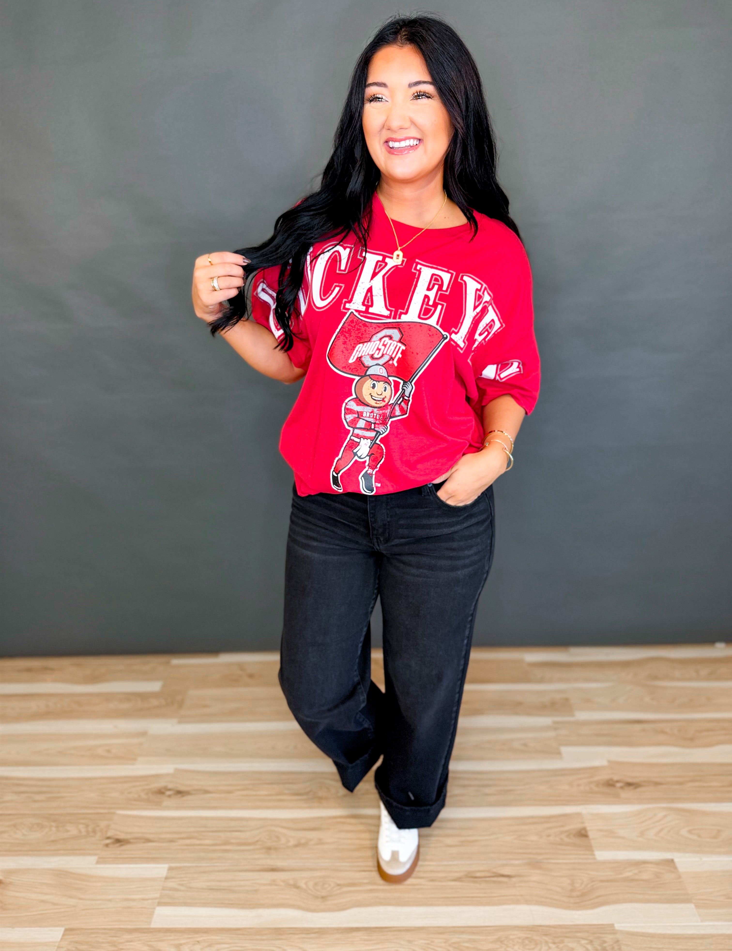 Ohio State Buckeyes Split Oversized Graphic Tee - Red - Lace and Grace Boutique