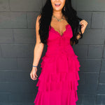 Lace Trim Tiered Midi Dress - Hot Pink - Lace and Grace Boutique