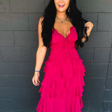 Lace Trim Tiered Midi Dress - Hot Pink - Lace and Grace Boutique