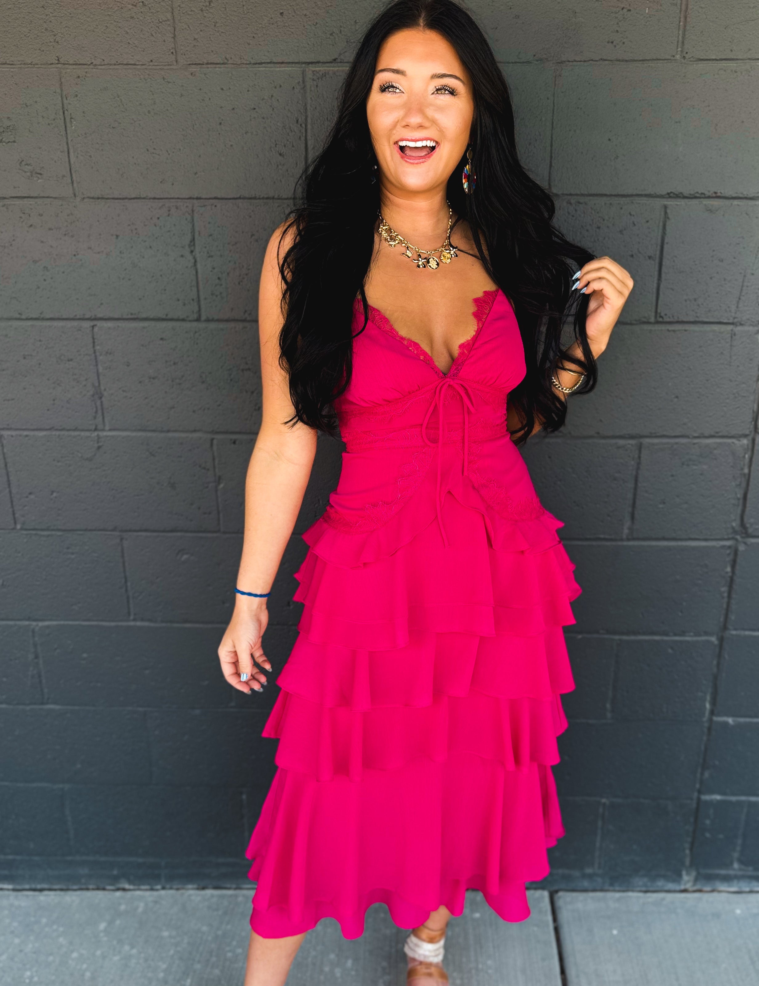 Lace Trim Tiered Midi Dress - Hot Pink - Lace and Grace Boutique