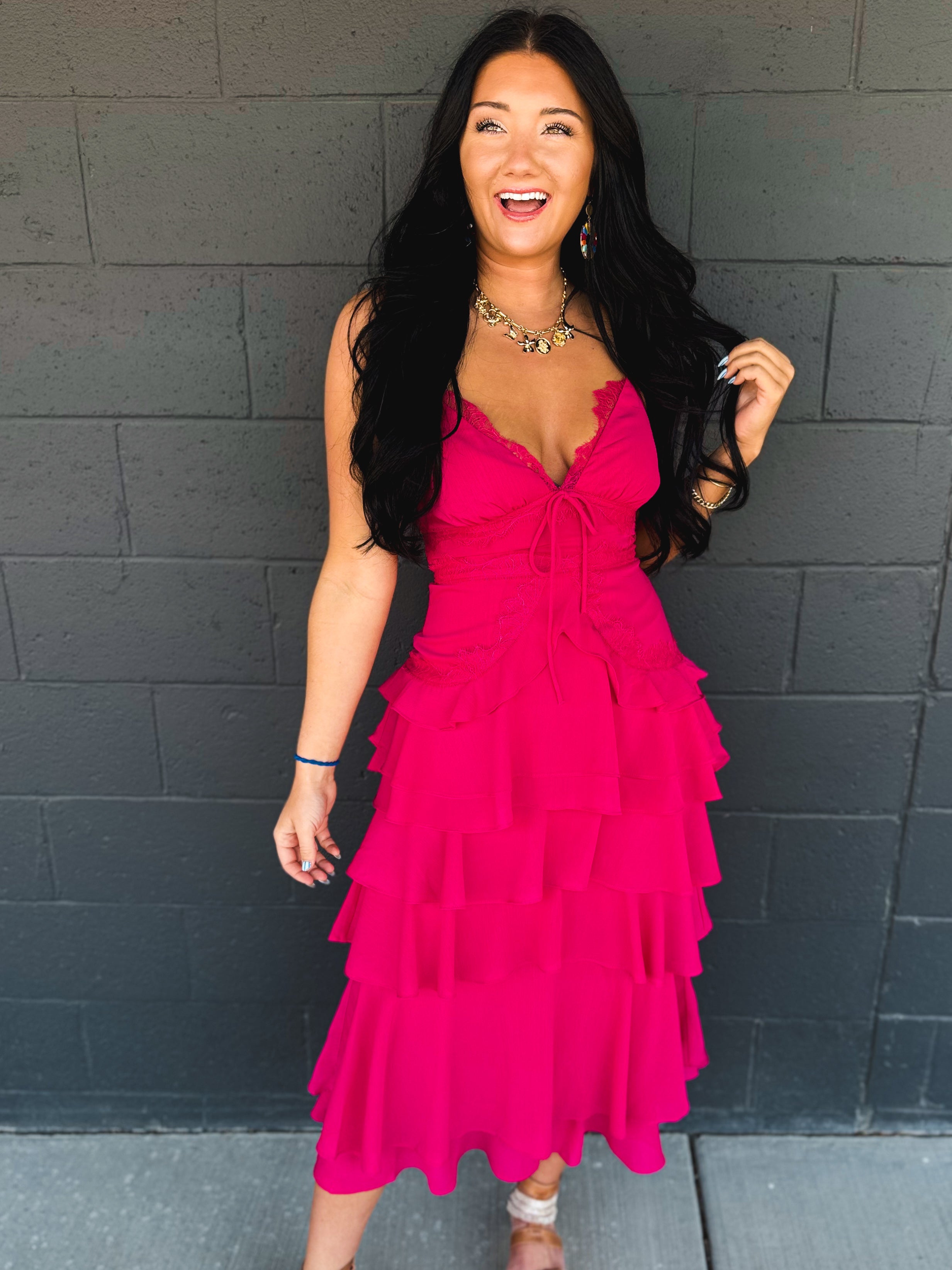 Lace Trim Tiered Midi Dress - Hot Pink - Lace and Grace Boutique