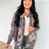 Washed Floral Print Button Up Top - Black