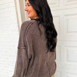 Washed Raw Edge Oversized Knit Sweater - Dark Brown