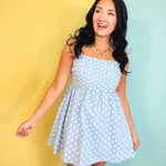 Polka Dot Pleated Mini Dress - Sky/White - Lace and Grace Boutique