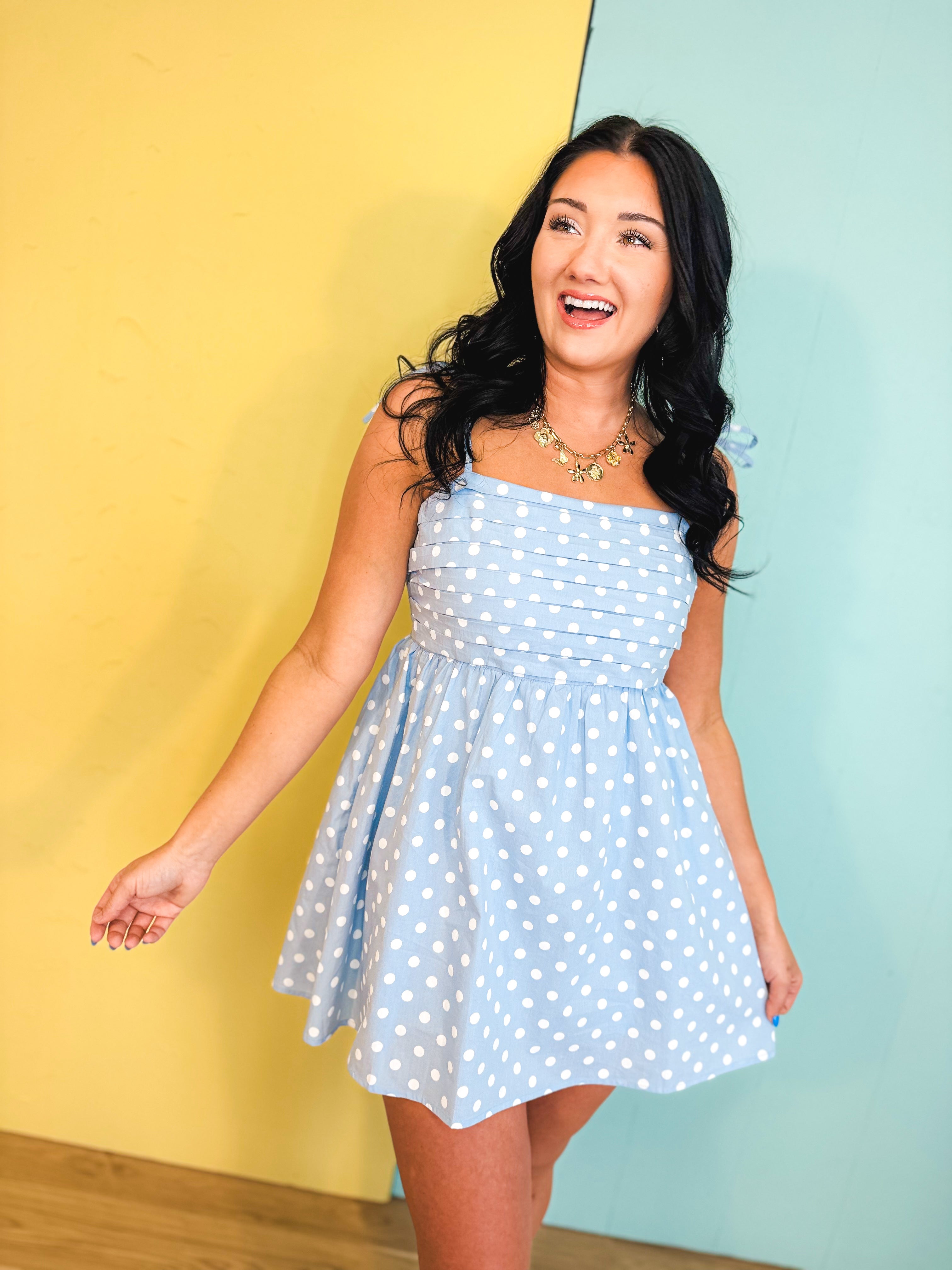 Polka Dot Pleated Mini Dress - Sky/White - Lace and Grace Boutique